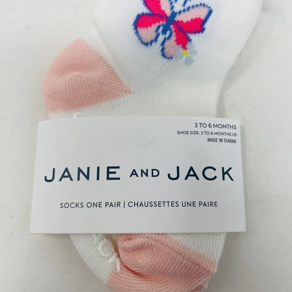 Janie and Jack Baby Girls 3-6 Months Butterfly Ruffle‎ Ankle Socks in White/Pink